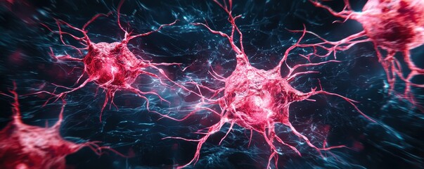Poster - Abstract representation of neurons with intricate connections, showcasing a vibrant network of pink and blue elements against a dark background.