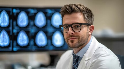 Poster - A professional male doctor in a white coat, wearing glasses, poses confidently in front of brain scan images, reflecting a modern medical environment.