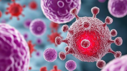Poster - A close-up view of colorful, microscopic cells, showcasing their intricate structures and interactions, highlighting the world of microbiology.