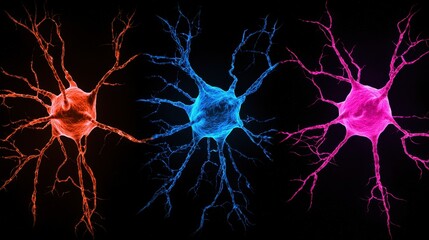 Poster - A vibrant representation of neurons in contrasting colors against a dark background, highlighting their intricate structures and connections.