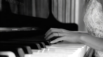 Poster - Elegant Fingers Dance Across the Black and White Keys of a Piano in a Monochrome Setting