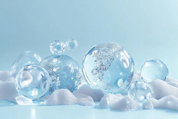Poster - Bubbles resting on a soft surface with a light blue background creating a serene ambiance
