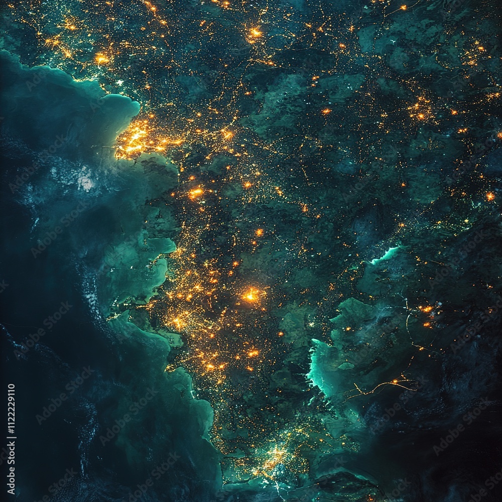 Satellite Pattern Cities Examples Nighttime aerial view of urban areas coastal regions satellite imagery ...