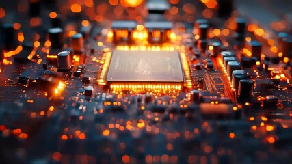 Poster - Close-up view of a glowing computer chip on a detailed circuit board, showcasing advanced technology and electronics