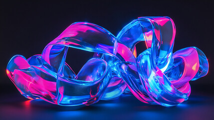 Poster - Colorful abstract sculpture blending pink and blue translucent ribbons illuminated against a dark background. Abstract art illustration