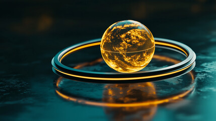 Poster - A luminous, ambertoned sphere resembling Earth rests within a glowing metallic ring, all reflected on a dark, reflective surface. The scene evokes a futuristic, technological aesthetic