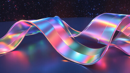 Poster - Colorful translucent ribbons create a vibrant display in a starry cosmic setting at night. Abstract art illustration