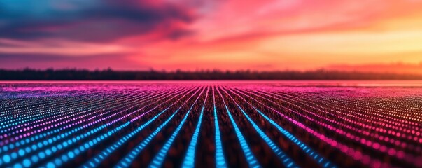 Poster - A vibrant landscape featuring colorful lines of blue and pink against a dramatic sunset sky, creating an abstract and futuristic atmosphere.