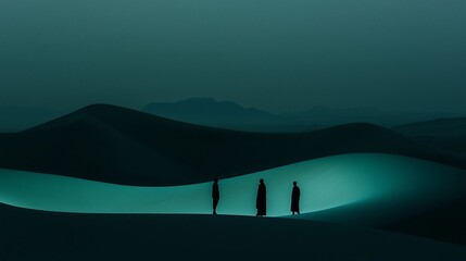 Wall Mural - Silhouetted figures in glowing desert landscape at night.