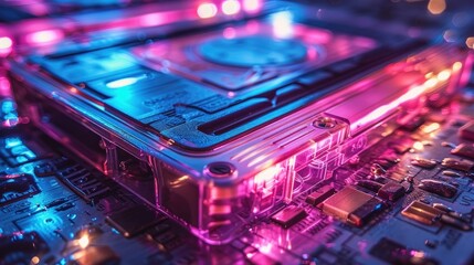 Poster - Close-up of a hard drive illuminated with pink and blue neon lights on a circuit board.