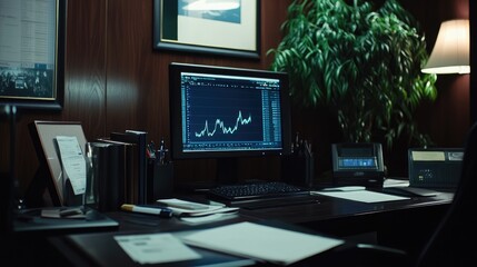 Poster - Professional Office Workspace with Computer and Financial Charts