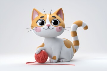 Poster - An adorable cartoon cat with orange and white fur plays with a ball of red yarn.