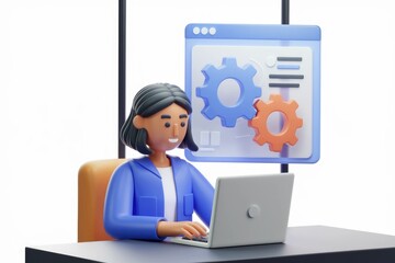 Aufkleber - A 3D cartoon woman works on a laptop with a digital interface showing gears, symbolizing software development or problem-solving.