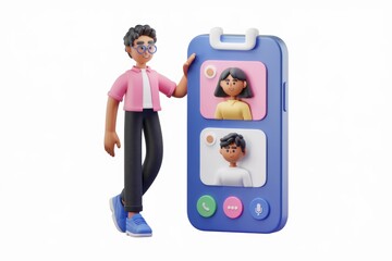 Aufkleber - A 3D cartoon man participates in a video conference call with two other people on a large smartphone.