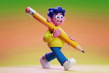Poster - A cheerful 3D cartoon boy carries a giant pencil, symbolizing creativity and learning.