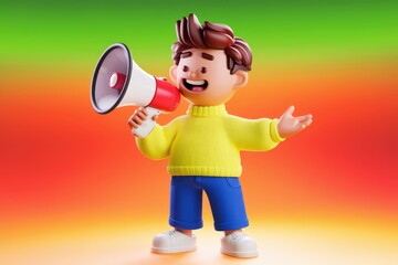 Poster - A cheerful 3D cartoon boy announces a message using a megaphone.