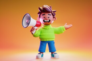 Poster - A cheerful 3D cartoon boy holds a megaphone, inviting you to listen to his announcement.