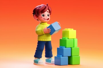 Poster - A 3D rendered cartoon boy happily building a tower with colorful blocks.