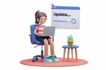 Aufkleber - A 3D cartoon girl sits on a chair, working on her laptop while an update is downloading.