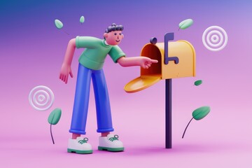 Poster - A 3D cartoon character points towards an open mailbox, suggesting sending or receiving mail.
