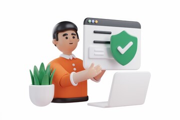 Poster - 3D illustration of a person holding a secure webpage, signifying online safety and data protection.