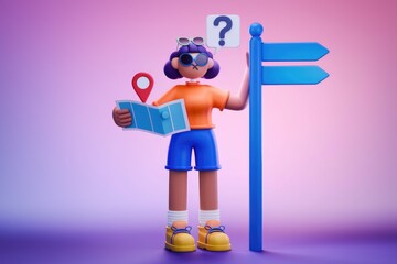 Poster - Confused cartoon character holding a map and standing near a signpost, seeking directions.