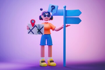 Poster - Confused cartoon character holding a map and standing at a crossroads, unsure of the direction.