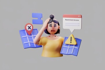 Poster - Frustrated woman facing restricted access, location errors, and warning alerts.