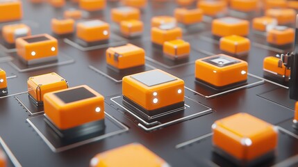 Poster - Vibrant Orange Computer Chips on Dark Circuit Board Background