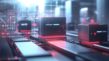 Poster - Futuristic Warehouse Scene with Automated System and Digital Elements