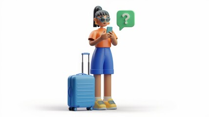 Aufkleber - A 3D cartoon woman with a suitcase uses her phone, a question mark appears above her.