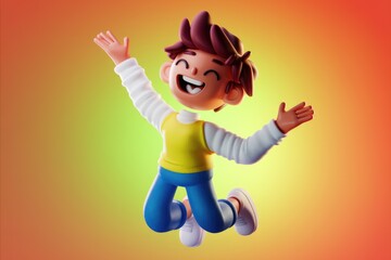 Poster - A joyful 3D cartoon boy leaps with arms outstretched, expressing pure happiness.