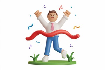 Aufkleber - Joyful 3D cartoon businessman crossing the finish line, celebrating success with confetti.