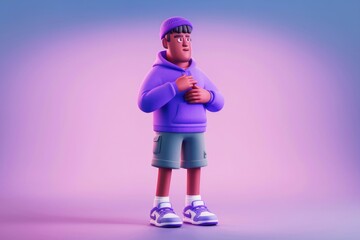 Aufkleber - A 3D rendered illustration of a young man in a purple hoodie, gray shorts, and purple sneakers.