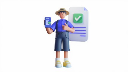 Poster - 3D cartoon character holding phone, showing completed task on document, thumbs up.