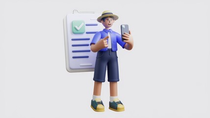 Fototapete - 3D cartoon character checks a checklist on his smartphone.