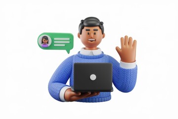 Aufkleber - 3D cartoon man video conferencing on laptop, waving hello.