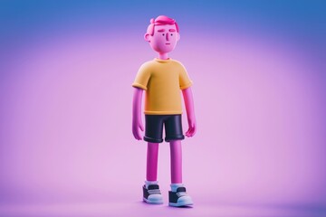 Poster - A 3D-rendered cartoon boy stands against a purple backdrop, wearing a yellow shirt and black shorts.