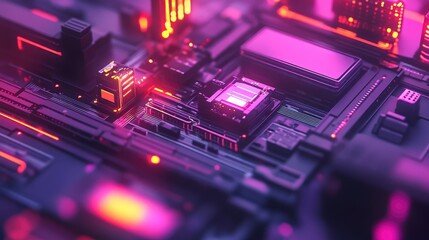 Poster - Abstract Glowing Circuit Board with Neon Lights and Digital Texture