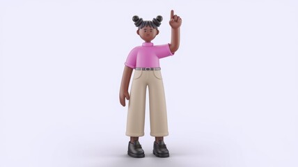 Poster - A 3D rendered cartoon girl with dark skin, pink shirt, and beige pants points upward.