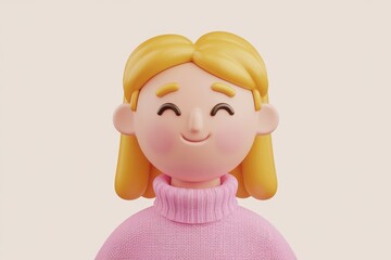 Poster - A cheerful 3D-rendered cartoon girl with blonde hair, wearing a pink turtleneck sweater.
