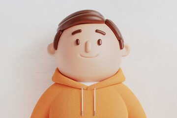 Poster - A cheerful 3D cartoon boy wearing an orange hoodie, smiling gently against a white backdrop.