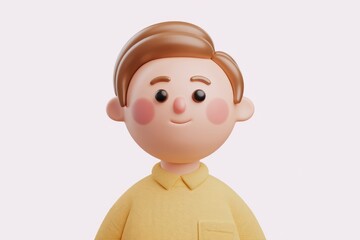Poster - A 3D-rendered cartoon boy with brown hair, wearing a yellow shirt, looks happy and friendly.