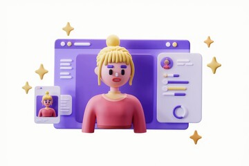 Aufkleber - 3D render of a female cartoon character's profile displayed on a computer screen.