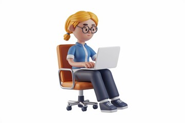 Poster - A cartoon woman sits on an office chair using a laptop.