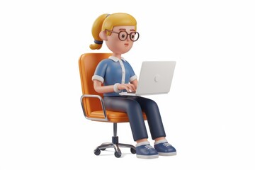Aufkleber - A 3D cartoon girl sits in an orange chair, working on her laptop.