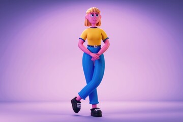 Poster - A stylized 3D cartoon girl with blonde hair, yellow shirt, and blue jeans, stands with crossed legs against a purple background.