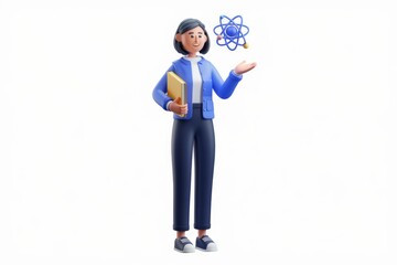 Aufkleber - A 3D cartoon woman, holding a book, presents an atom model, symbolizing science education.
