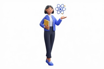 Poster - A 3D animated woman holds a book and presents an atom model, symbolizing science education.