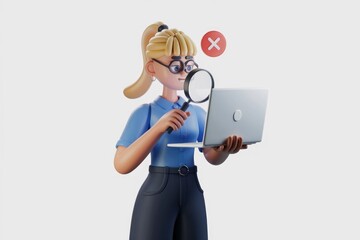 Leinwandbilder - A cartoon woman inspects a laptop screen with a magnifying glass, discovering an error.